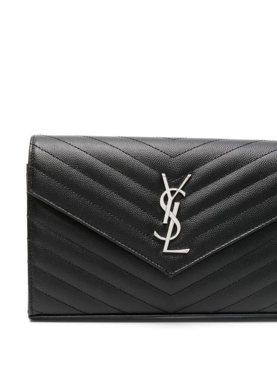 26FW 생로랑 그랑 드 뿌드르 엠보스드 레더 카산드라 마틀라세 체인 지갑 377828 BOW021000 BLACK - SAINT LAURENT