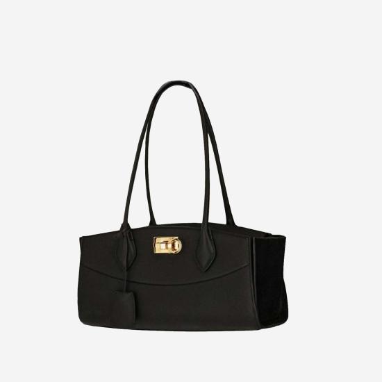  살바토레 페라가모 가방 페라가모 이스트 웨스트 엠보싱 가죽 및 스웨이드 숄더백 블랙 - SALVATORE FERRAGAMO