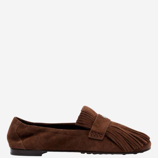  토리버치 플랫 슈즈 토리 버치 스웨이드 발레리나 로퍼 (프린지 장식, 브라운) - TORY BURCH