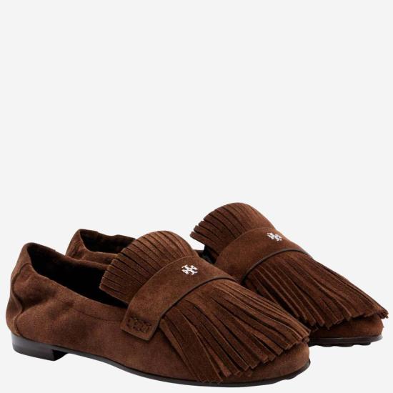  토리버치 플랫 슈즈 토리 버치 스웨이드 발레리나 로퍼 (프린지 장식, 브라운) - TORY BURCH