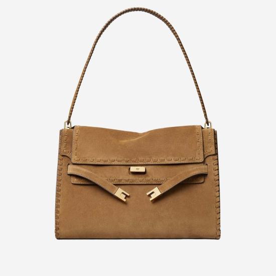  토리버치 가방 토리 버치 라지 스웨이드 탑 핸들 숄더백 라이트 브라운 - TORY BURCH