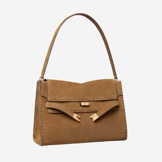  토리버치 가방 토리 버치 라지 스웨이드 탑 핸들 숄더백 라이트 브라운 - TORY BURCH