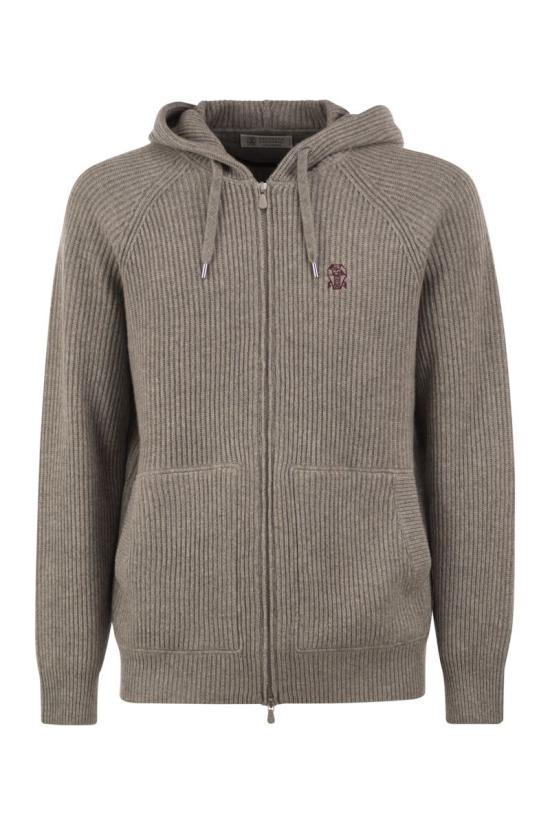 26FW 브루넬로 쿠치넬리 립드 니트 집 후드 스웨터 M22704806G CFF57 GREY