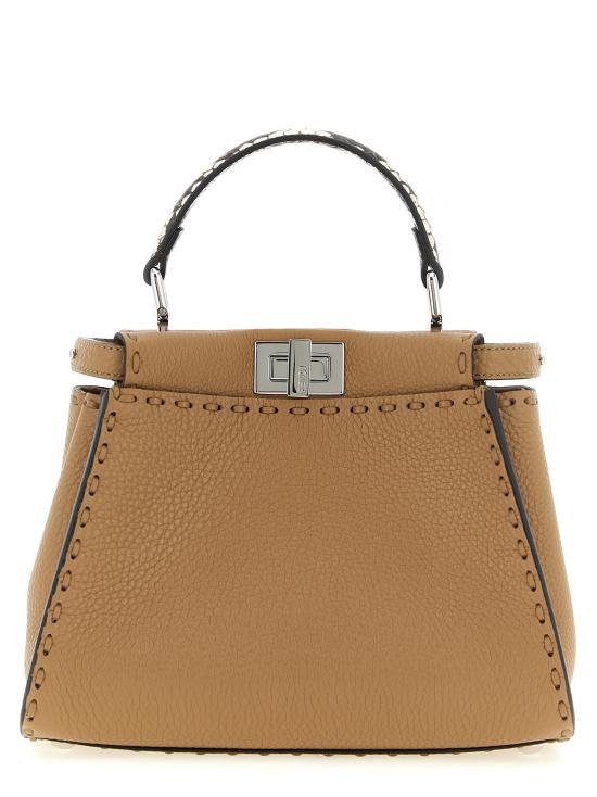 26FW 펜디 미니 피카부 220 핸드 스티칭 탑스티치 헤이즐넛 셀러리아 백 8BN244 AYB3 F1X85 BEIGE DOM