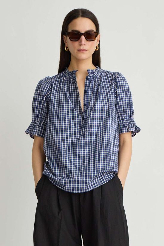  어피스 어파트 반팔 티셔츠 Apiece Apart Los Altos Top Navy Desai Plaid - APIECE APART