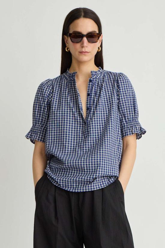  어피스 어파트 반팔 티셔츠 Apiece Apart Los Altos Top Navy Desai Plaid