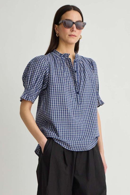  어피스 어파트 반팔 티셔츠 Apiece Apart Los Altos Top Navy Desai Plaid - APIECE APART