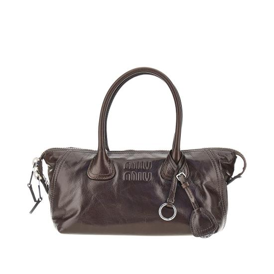 26FW 미우미우 로고 자수 미니 가죽 토트백 가방 5BA3382A44 Brown