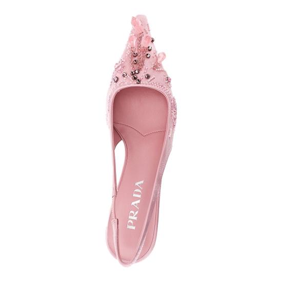 26FW 프라다 자수 사틴 슬링백 펌프스 1I640OF0553F7I Pink - PRADA