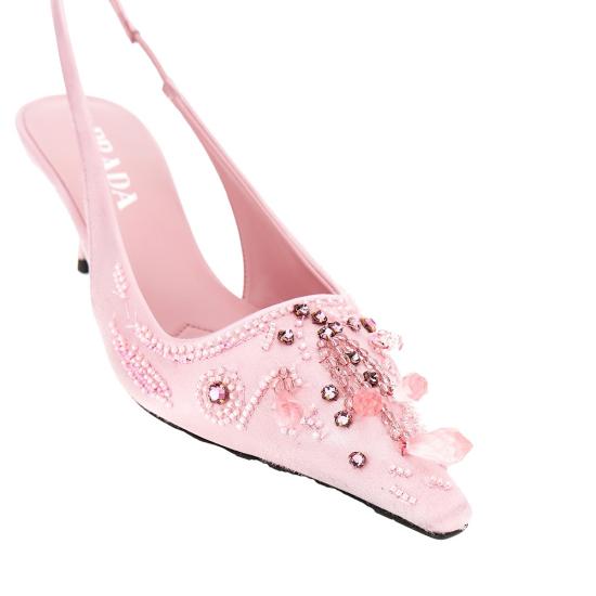 26FW 프라다 자수 사틴 슬링백 펌프스 1I640OF0553F7I Pink - PRADA