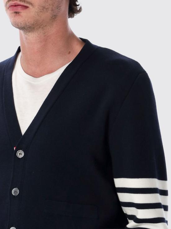 26FW 톰브라운 울 4바 브이넥 가디건 MKC160A00014 415 Navy - THOM BROWNE