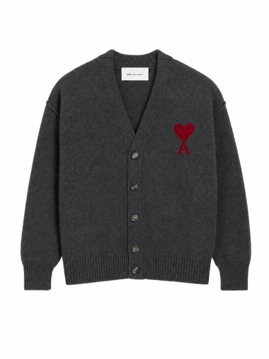 26FW 아미 하트 로고 인타르시아 V넥 가디건 UKC367018 084 GRIS CHINE ROUGE