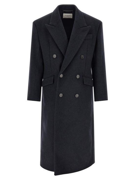 26FW 생로랑 버진 울 피크 라펠 더블 브레스트 롱 코트 SA341050BM NAVY