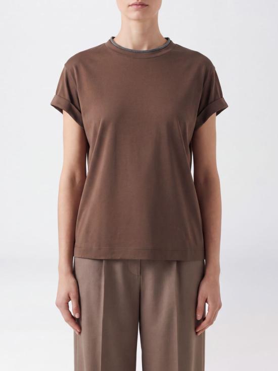 26FW 브루넬로 쿠치넬리 콘트라스트 트림 코튼 티셔츠 M0T18BD200 C4211 Brown