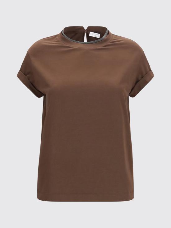 26FW 브루넬로 쿠치넬리 콘트라스트 트림 코튼 티셔츠 M0T18BD200 C4211 Brown - BRUNELLO CUCINELLI