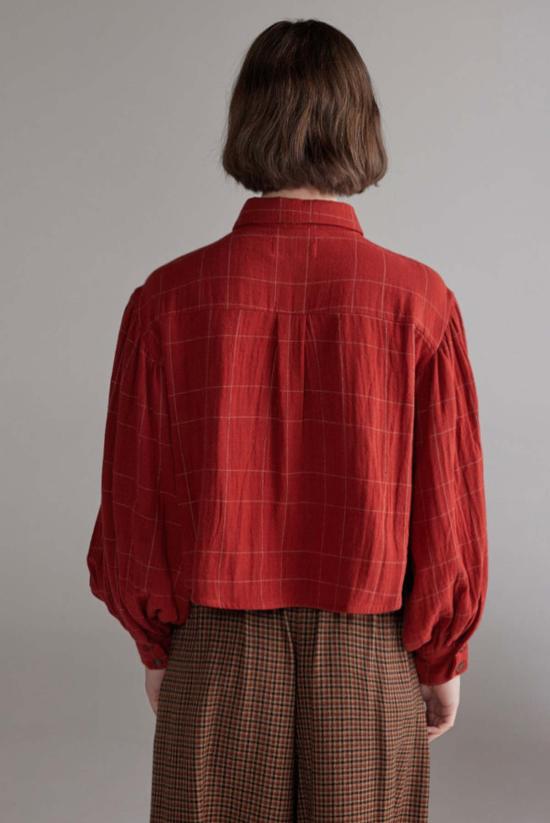  아멘테 셔츠 체크무늬 볼륨  다크 레드 - AMENTE