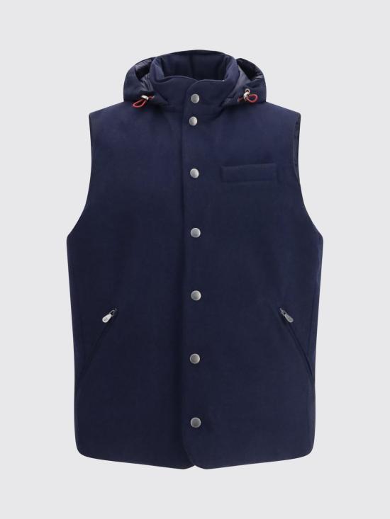 26FW 브루넬로 쿠치넬리 본디드 울 플란넬 디테처블 후드 다운 베스트 MM4701775 CQJ36 Blue - BRUNELLO CUCINELLI