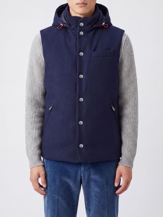 26FW 브루넬로 쿠치넬리 본디드 울 플란넬 디테처블 후드 다운 베스트 MM4701775 CQJ36 Blue
