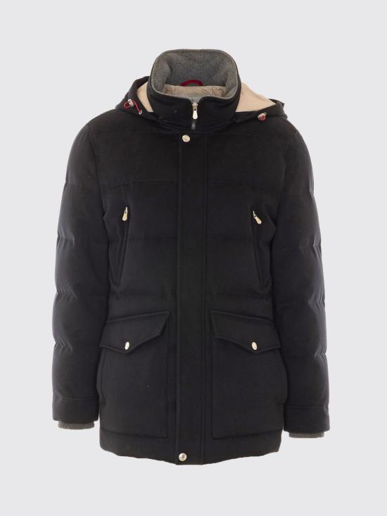 26FW 브루넬로 쿠치넬리 본디드 울 플란넬 탈부착 후드 다운 자켓 MM4701823 C101C Black - BRUNELLO CUCINELLI
