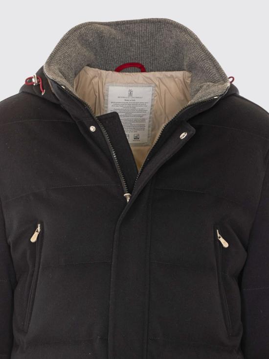26FW 브루넬로 쿠치넬리 본디드 울 플란넬 탈부착 후드 다운 자켓 MM4701823 C101C Black - BRUNELLO CUCINELLI