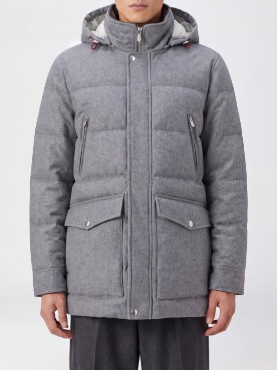 26FW 브루넬로 쿠치넬리 본디드 울 플란넬 탈부착 후드 다운 자켓 MM4701823 CF427 Grey