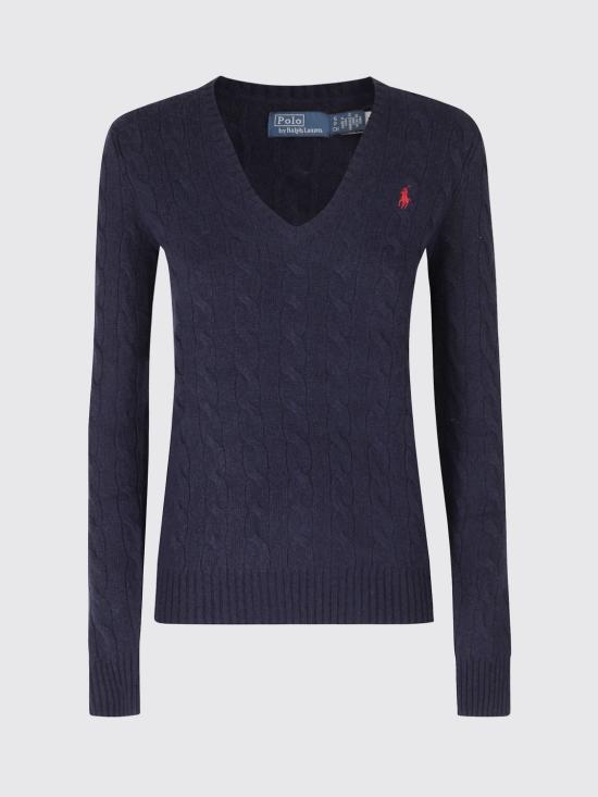 26FW 폴로 랄프로렌 포니 로고 자수 케이블 니트 v넥 스웨터 211971866 003 Blue - POLO RALPH LAUREN