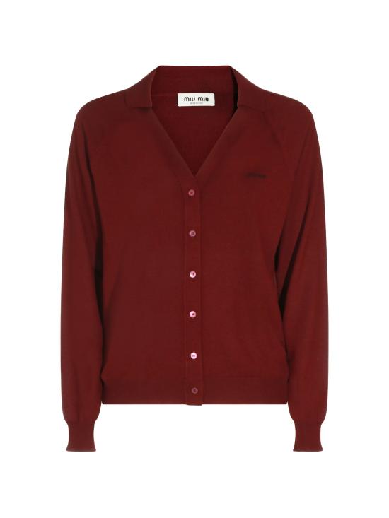 26FW 미우미우 인타르시아 로고 파인 울 브이넥 가디건 MMF02Z 16WJ F0869 BURGUNDY DOM