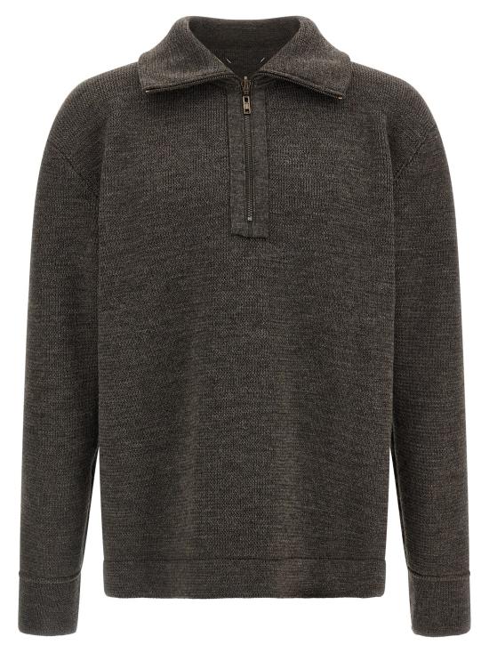 26FW 마르지엘라 니트웨어 팔꿈치 패치가 있는 쿼터집 스웨터 및 가디건 (회색) - MAISON MARGIELA