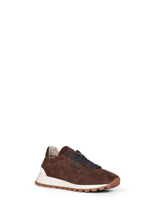 26FW 브루넬로 쿠치넬리 샤이니 탭 디테일 스웨이드 러닝 스니커즈 MZSFG2110 C9885 BROWN - BRUNELLO CUCINELLI