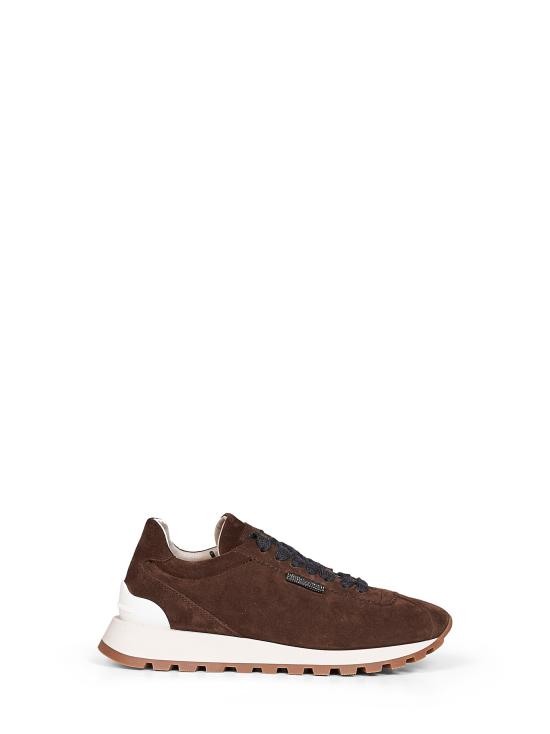26FW 브루넬로 쿠치넬리 샤이니 탭 디테일 스웨이드 러닝 스니커즈 MZSFG2110 C9885 BROWN