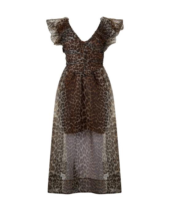 26SS 가니 레오파드 오간자 롱 러치드 드레스 A1030248 BROWN