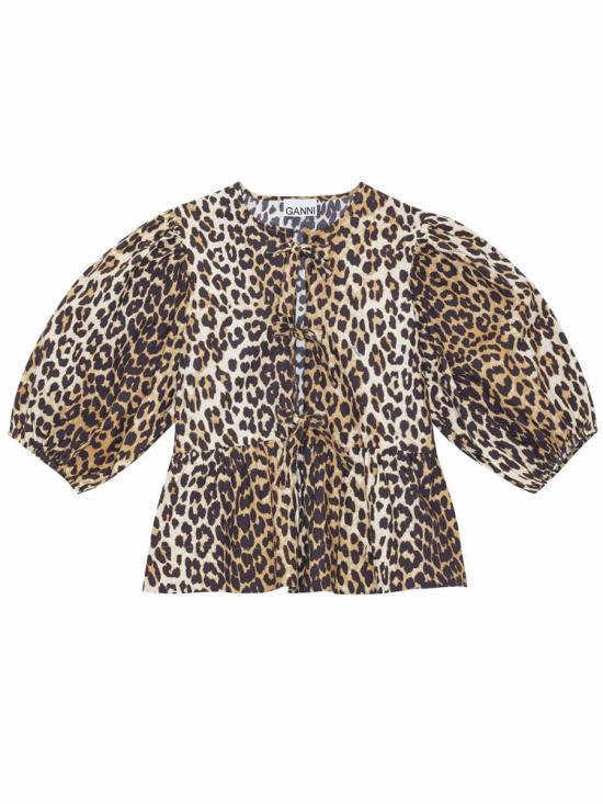 26SS 가니 레오파드 코튼 포플린 페플럼 타이 블라우스 F9116 943 MULTICOLOR - GANNI