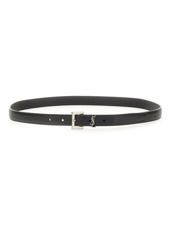 생로랑 그레인드 레더 실버 모노그램 슬림 벨트 612616 DTI0E1000 BLACK - SAINT LAURENT