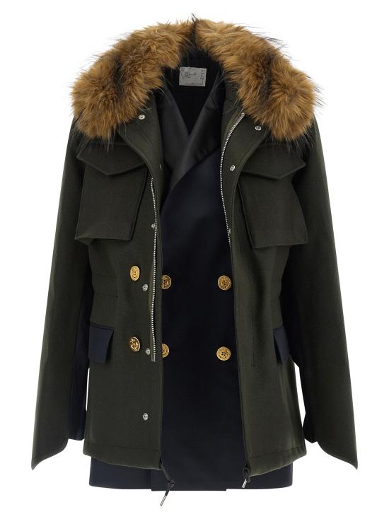 26FW 사카이 패딩 모피 안감이 있는 울 코트  재킷 (녹색) - SACAI
