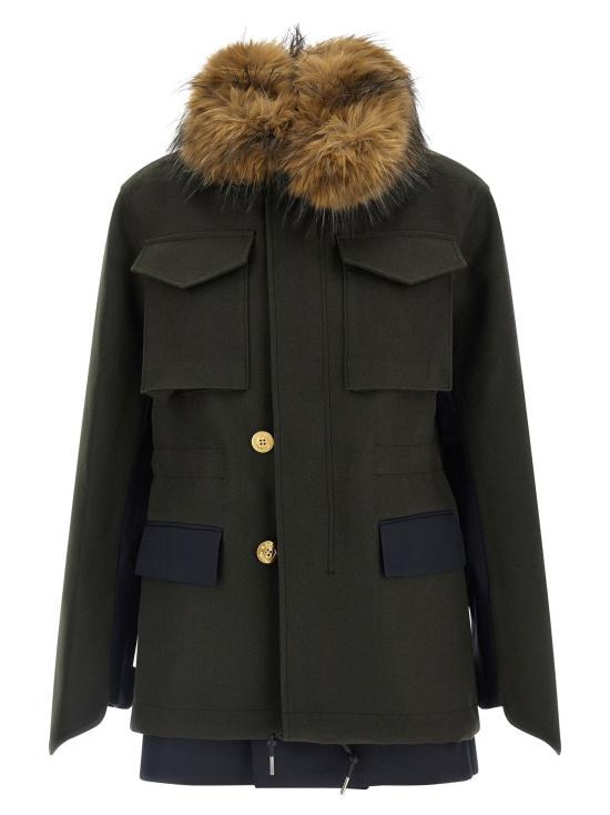 26FW 사카이 패딩 모피 안감이 있는 울 코트  재킷 (녹색)