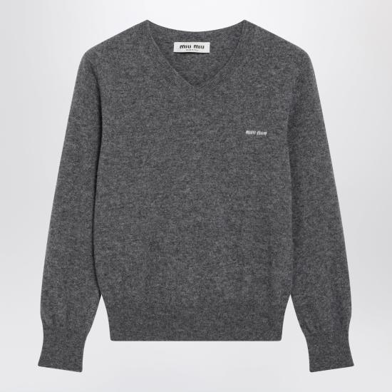 26FW 미우미우 인타르시아 로고 브이넥 울 가디건 MML08KOOO6600 Grey