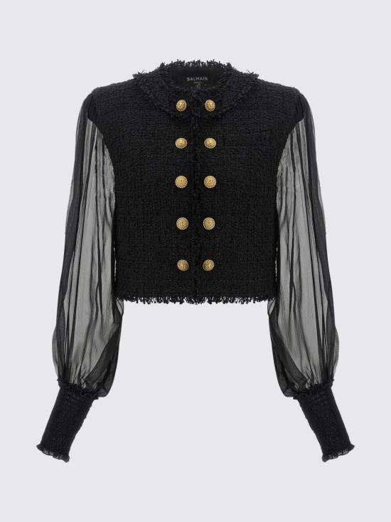 26FW 발망 크롭 트위드 모슬린 재킷 HF1SK911MI74 EAP Black - BALMAIN