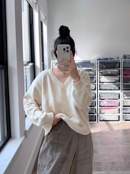  르 본 숍 스웨터 르봉숍 애비 코튼 브이넥  내추럴 - LE BON SHOPPE