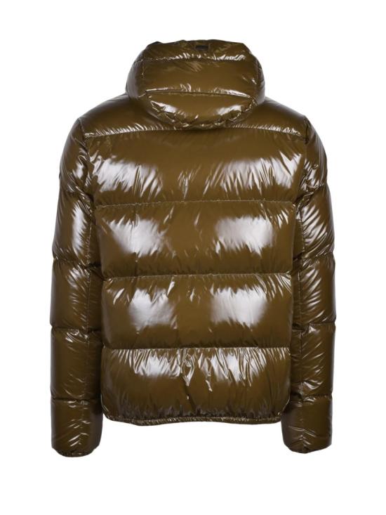 25FW 에르노 숏패딩 올리브 그린 색상의 광택 있는 탈착식 후드 폴리아미드 다운 재킷 - HERNO