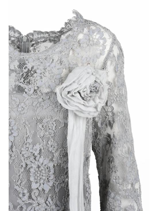 25FW 에르마노 설비노 미디 원피스 회색 꽃무늬 레이스 실크 슬립 드레스 - ERMANNO SCERVINO