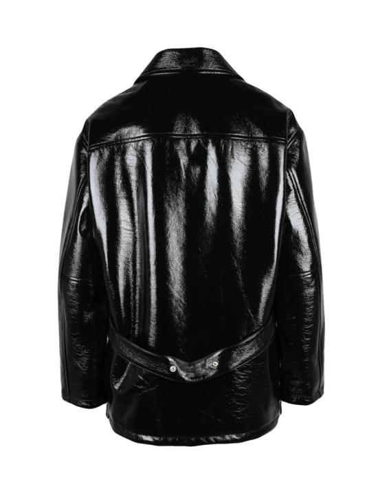 25FW 쿠레쥬 가죽 자켓 광택 마감 처리된 블랙 재킷, 지퍼 포켓 및 구조적인 칼라 - COURREGES