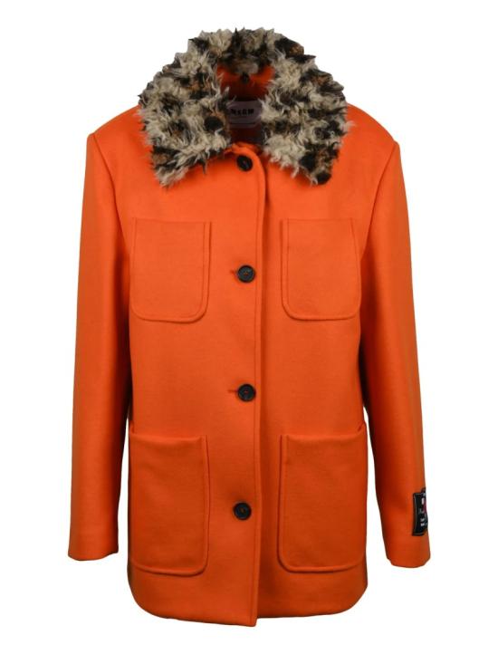 25FW 엠에스지엠 코트 탈부착 가능한 플러시 칼라가 있는 긴 버진 울 및 폴리아미드 혼방 코트
