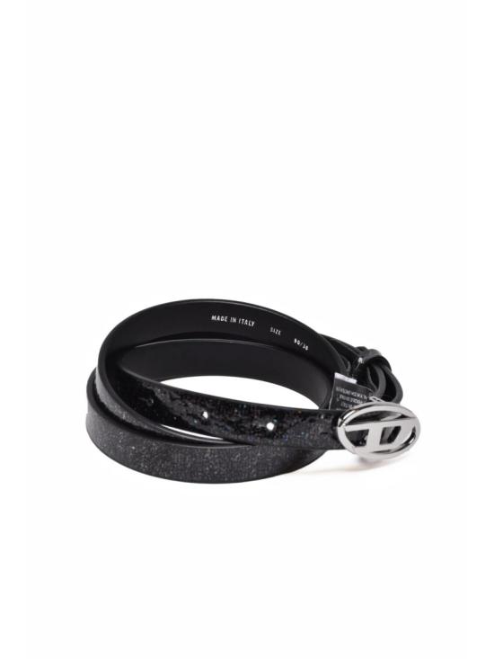 25FW 디젤 레귤러 벨트 반짝이 장식과 은색 버클이 있는 검은색 가죽 - DIESEL