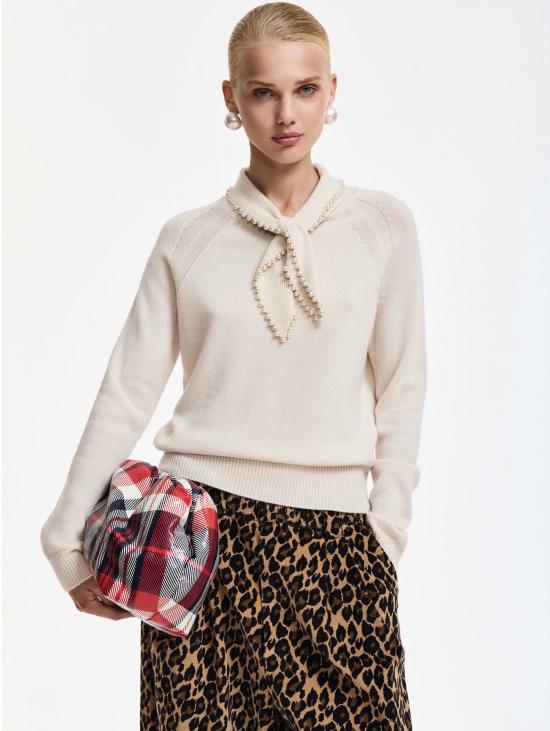 26FW 에센셜앤트워프 스웨터 Maglione Misto 캐시미어 콘 콜레토 및 Perline Bianco