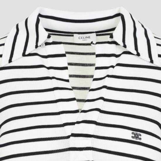 26FW 셀린느 스트라이프 실크 저지 폴로 셔츠 RX0L0809W 01OB OFF WHITE BLACK DOM - CELINE