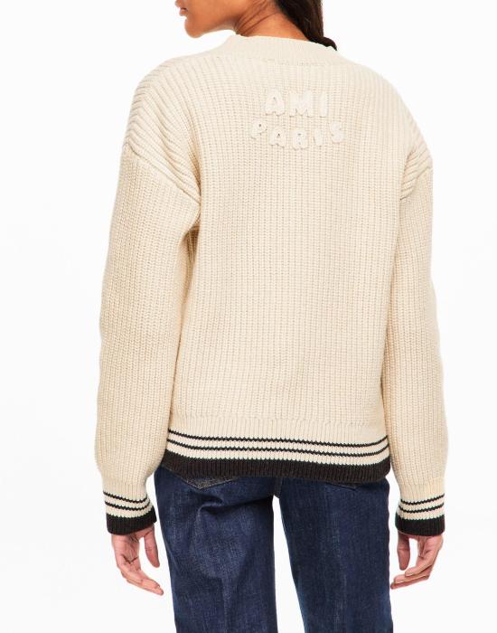 26FW 아미 립드 울 브이넥 아미 드 하트 스웨터 UKS864KN0161136 BEIGE - AMI