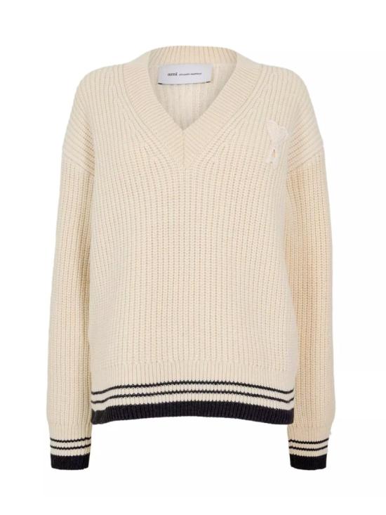26FW 아미 립드 울 브이넥 아미 드 하트 스웨터 UKS864KN0161136 Neutrals