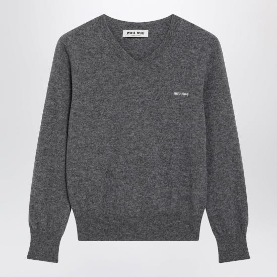 26FW 미우미우 인타르시아 로고 브이넥 울 가디건 MML08KOOO6600 F0480 GREY