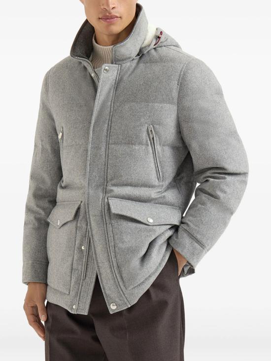 26FW 브루넬로 쿠치넬리 본디드 울 플란넬 탈부착 후드 다운 자켓 MM4701823CF427 GREY - BRUNELLO CUCINELLI