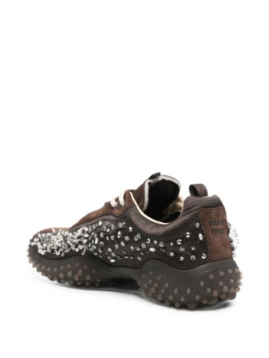 26FW 미우미우 버블 자수 장식 테크니컬 패브릭 및 스웨이드 스니커즈 5E808E 3ZR4F0003 BROWN - MIU MIU